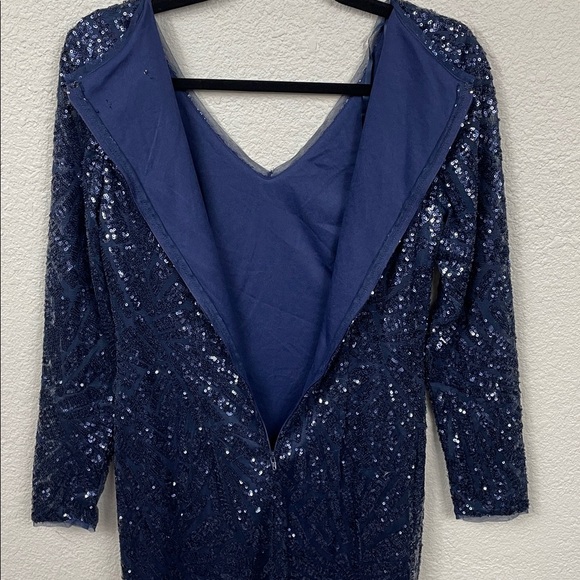 Marina Sequin Long Sleeve Shift Dress Modest Knee Length Navy Blue - Picture 6 of 10